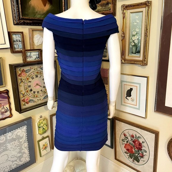 Tadashi Shoji Blue Ombre Wide Neck Pleated Bodycon Stretch Cocktail Dress Size M - Picture 3 of 7